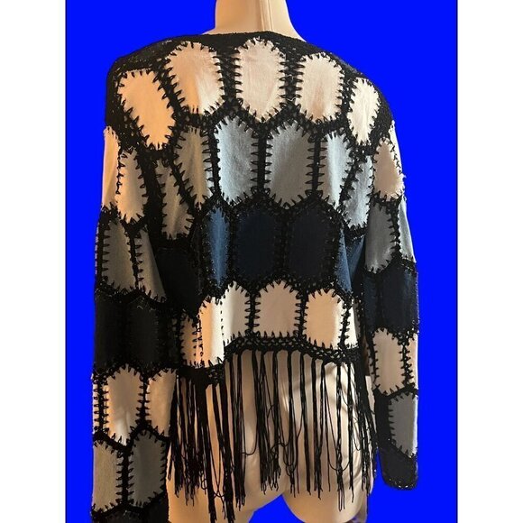 nwt fringed croucheted blouse by adore denim blues black fringes unique dressy l - Picture 2 of 13